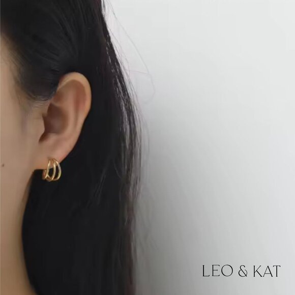 Gold Triple Loop Stud Earrings. 925 Sterling Silver. #1048 - Picture 2 of 5